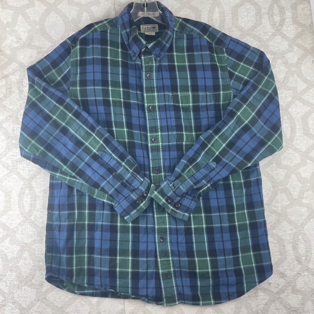 LL Bean Mens Traditional Fit Flannel Shirt Blue‎ Green Plaid M Reg 228061